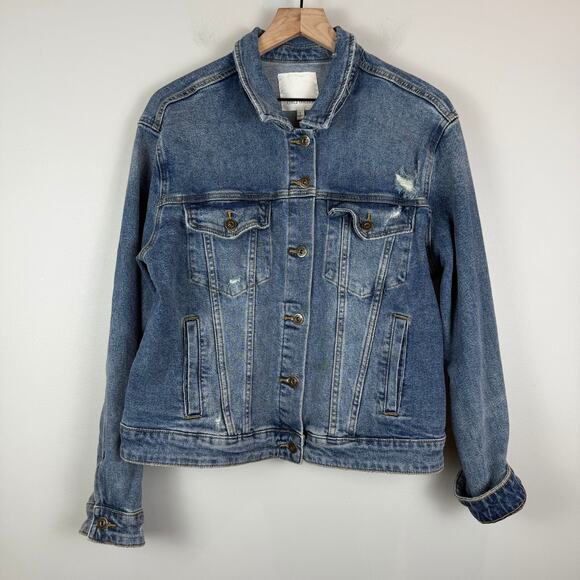 Ella Moss Denim Trucker Jacket Women Large Blue Distressed Button Front Western - Picture 1 of 8